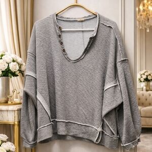 POL Gray Distressed V-Neck Waffle Knit Hoodie